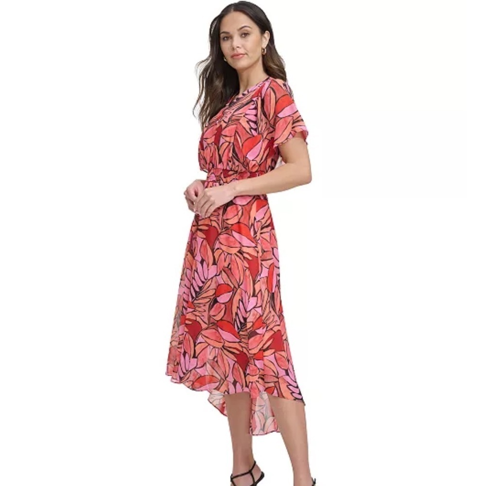 DKNY Floral Red Pink Orange Flowy Batwing Sleeve V Neck Bohemian Maxi Dress 10